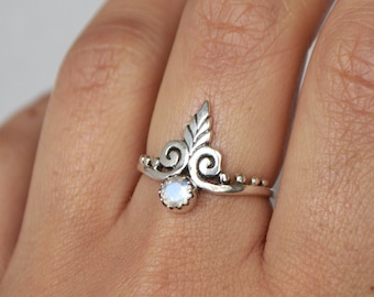 Moonstone Leaf Boho Swirl Ring • 925 Sterling Silver • Rainbow Crystal