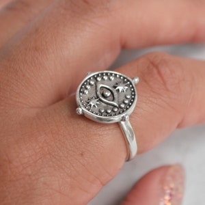 Evil Eye Coin Ring • 925 Sterling Silver • Witchy Celestial Statement Band