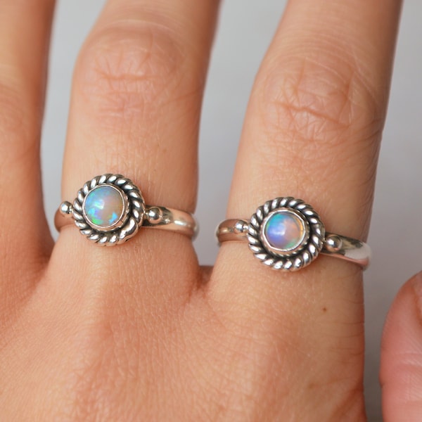 Genuine Opal Silver Band Ring • 925 Sterling • Small Natural Gemstone • Minimalist Dainty Crystal Stackable