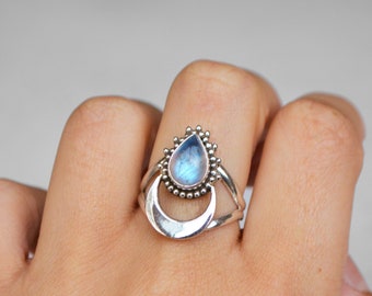 Teardrop Rainbow Moonstone Crescent Moon Double Band Ring • 925 Sterling Silver & Crystal