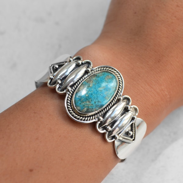 Large Tibetan Turquoise Tribal Cuff Bracelet • Adjustable 925 Sterling Silver Bangle