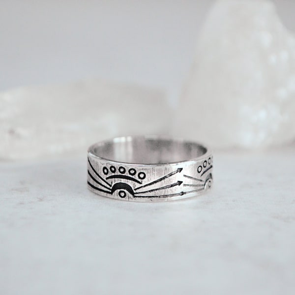 Sun Warrior - Sterling Silver Band Ring • Boho Eye 925 Minimal Tribal Engraved • Simple Stackable Unisex Design • Plain Mens Womens