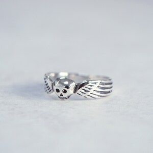 May include: A silver ring featuring a skull with wings. The skull has two small eye sockets and a detailed jawline. The wings extend from the sides of the skull, with detailed feathering. The ring is a unique piece of jewelry.