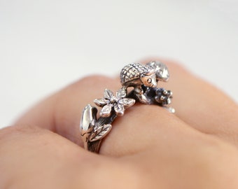 Enchanted Forest Ring • 925 Sterling Silver • 3D Hedgehog Mushroom & Flowers