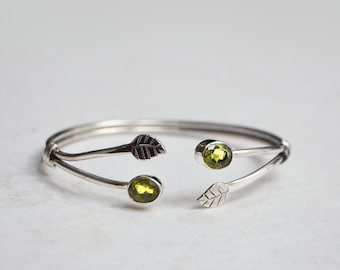 Peridot Leaf Wrap Bracelet • 925 Sterling Silver Natural Crystal • Adjustable