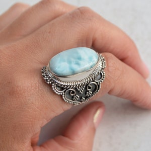 Large Larimar Boho Detailed Ring • 925 Sterling Silver Oval Gemstone