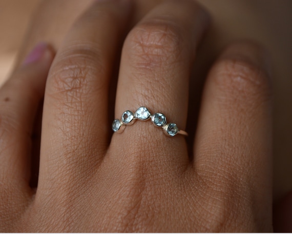 Blue Topaz Multi Stone Curved Ring • 925 Sterling Silver • Dainty Stacking Band