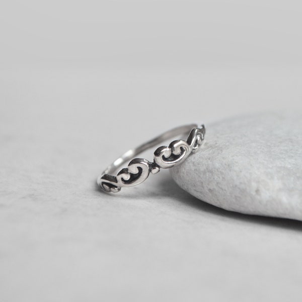 Dainty Swirls Stacking Ring • 925 Sterling Silver • Unisex Thin Detailed Band