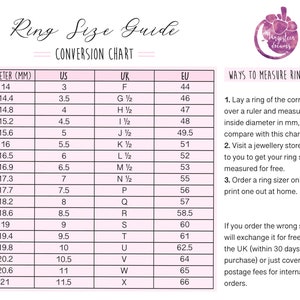 May include: A ring size conversion chart with a pink background. The chart shows the diameter of the ring in millimetres, the corresponding US, UK, and EU ring sizes. The chart also includes instructions on how to measure your ring size.