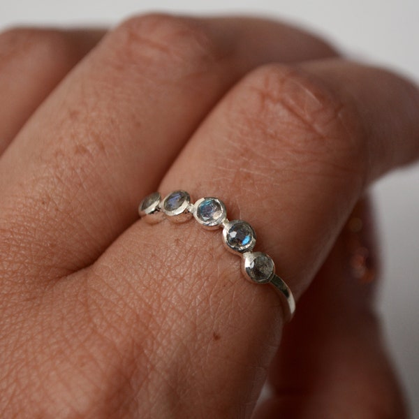 Labradorite Multi Stone Curved Ring • 925 Sterling Silver • Dainty Stacking Band