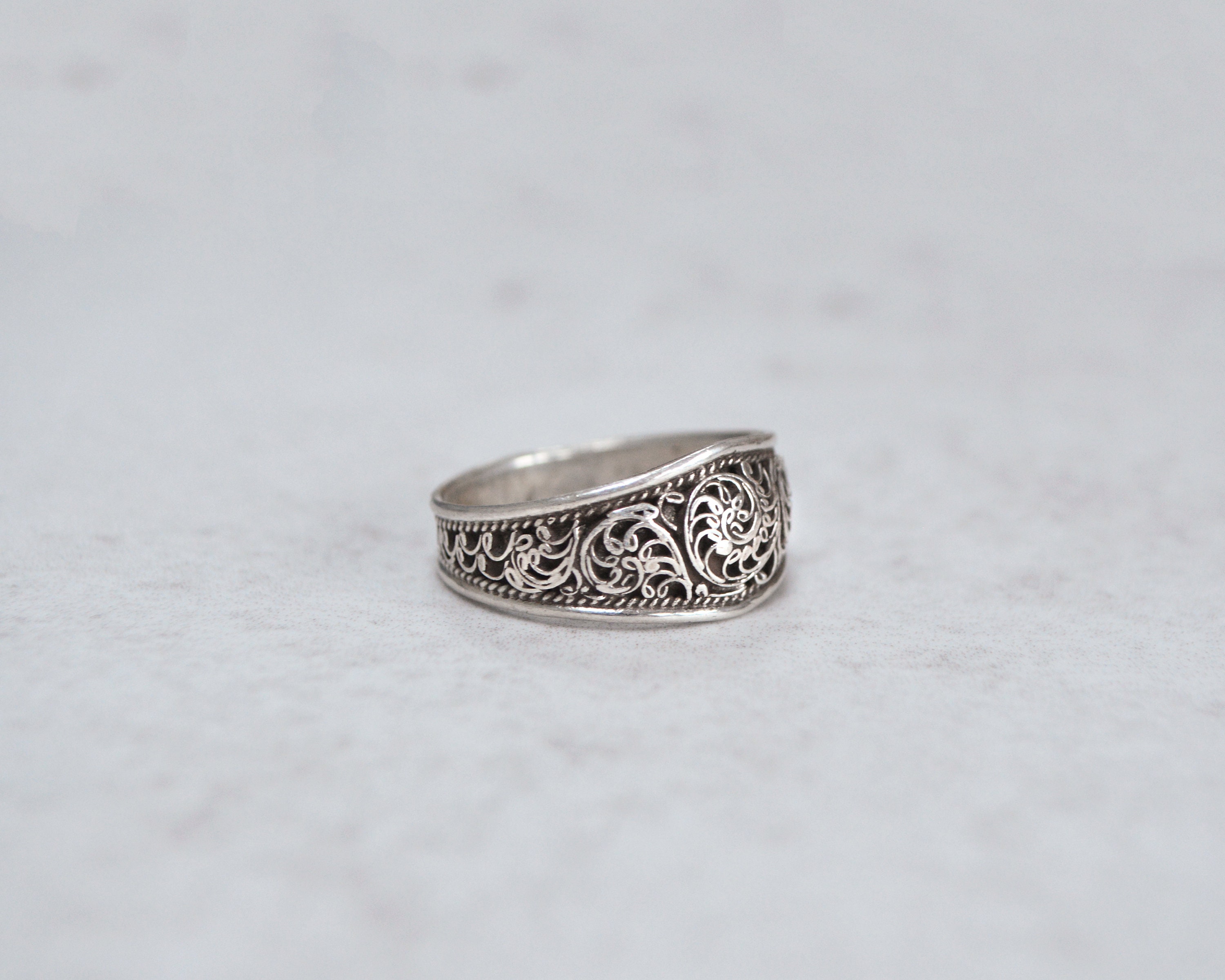 Sterling Silver Detailed Filigree Tapered Ring 925 Band | Etsy