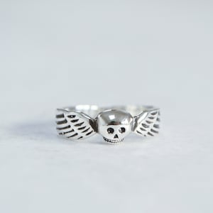 May include: A silver ring featuring a skull with detailed wings on either side. The ring has a polished finish and a detailed design, perfect for those who appreciate unique jewelry.