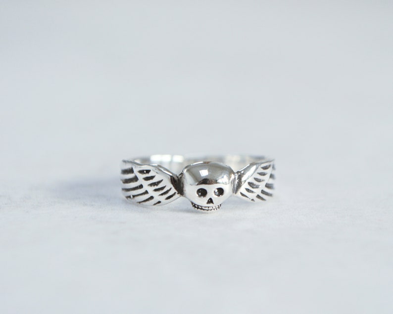 May include: A silver ring featuring a skull with detailed wings on either side. The ring has a polished finish and a detailed design, perfect for those who appreciate unique jewelry.