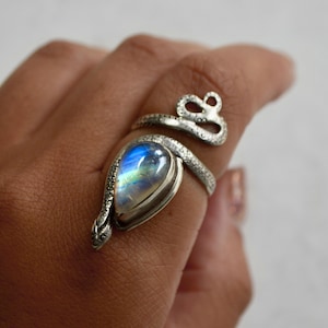 Mystical Snake Ring • 925 Sterling Silver and Teardrop Rainbow Moonstone • Witchy Adjustable