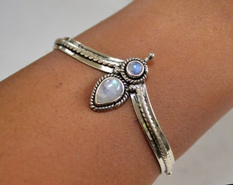 Boho Queen Rainbow Moonstone Bracelet • Sterling Silver Adjustable Bangle • 925 Cuff Pointed Teardrop Crystal Twist Arm Elf Style