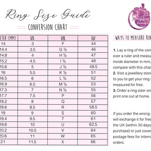 May include: A ring size conversion chart with measurements in millimeters, US, UK, and EU sizes. Includes instructions on how to measure ring size and a logo for Mangosteen Dreams.