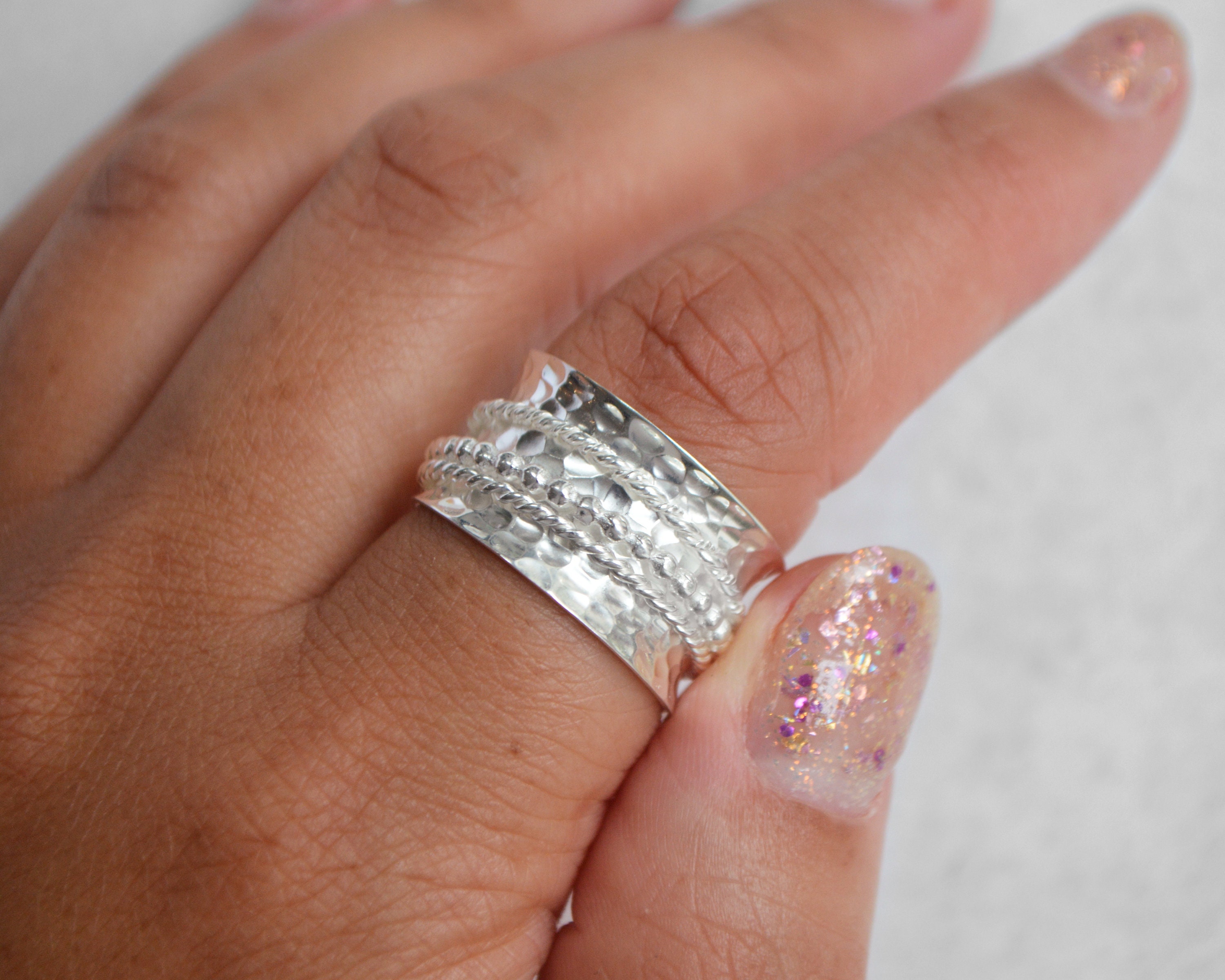 Hammered Spinner Ring • 925 Sterling Silver Unoxidised • Beaded Twist Bands