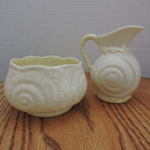 Belleek Toy Shell Design Open Cream & Sugar Set Pattern Ireland Vintage Irish Collectible Porcelain 2nd Green Mark Coffee Tea Service image 1