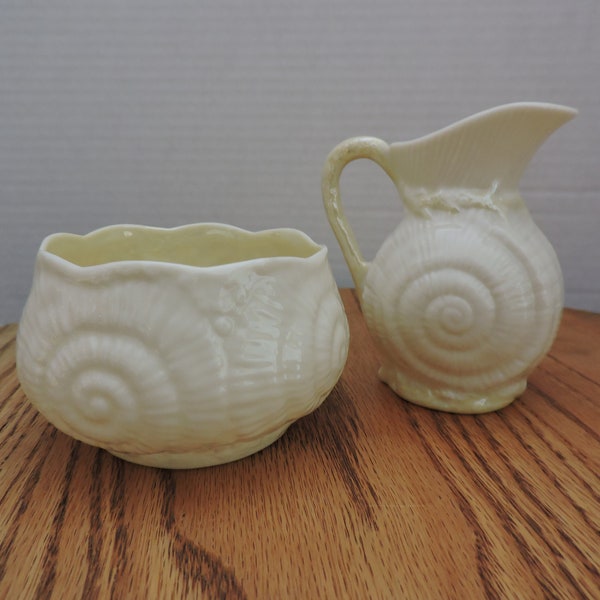 Belleek Toy Shell Design Open Cream & Sugar Set Pattern Ireland Vintage Irish Collectible Porcelain 2nd Green Mark Coffee Tea Service