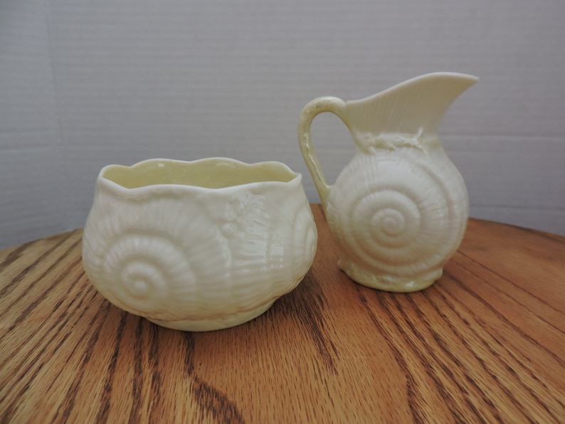 Belleek Toy Shell Design Open Cream & Sugar Set Pattern Ireland Vintage Irish Collectible Porcelain 2nd Green Mark Coffee Tea Service image 1