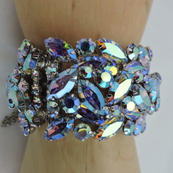 Blue Aurora Sherman 3 Panel Cuff 1 1/2" Wide Bracelet Swarovski Crystal Collectible Sherman Vintage Collectable Jewelry Canadian Designer EE