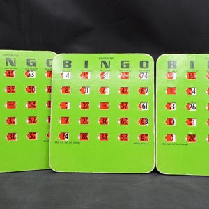 BINGO fenêtre coulissante du bout des doigts 3 cartes à jouer vintage carton vert épais robuste avec fenêtres faciles à lire Fabriqué aux États-Unis d'occasion
