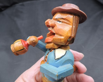 ANRI Hand Carved Mechanical Wood Bottle Cork Stopper Drinking Man Hand Painted Bar Service Bottle Accessories Bar Display 1930’s Bar