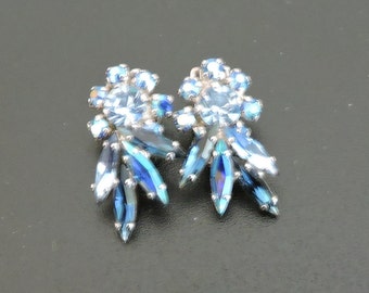 Rhinestone Blue Clip On Crystal Earrings Elsa Schiaparelli 1 Inch Bedazzle Blues Spray Earrings Collectible Vintage Jewelry 1960's