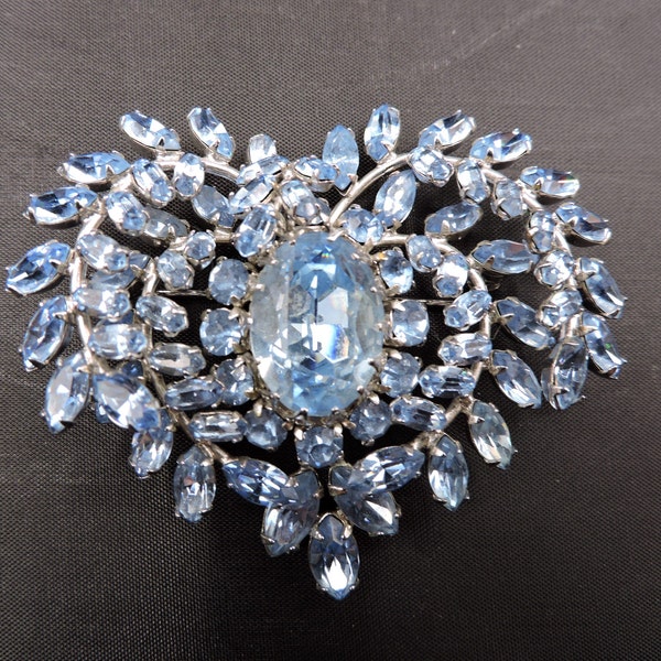 Sherman Ice Blue Heart Magnificent Crystal Broach Sherman Swarovski Colored Crystal 2 1/2" Vintage Brooch Spectacular Collectable Crystals