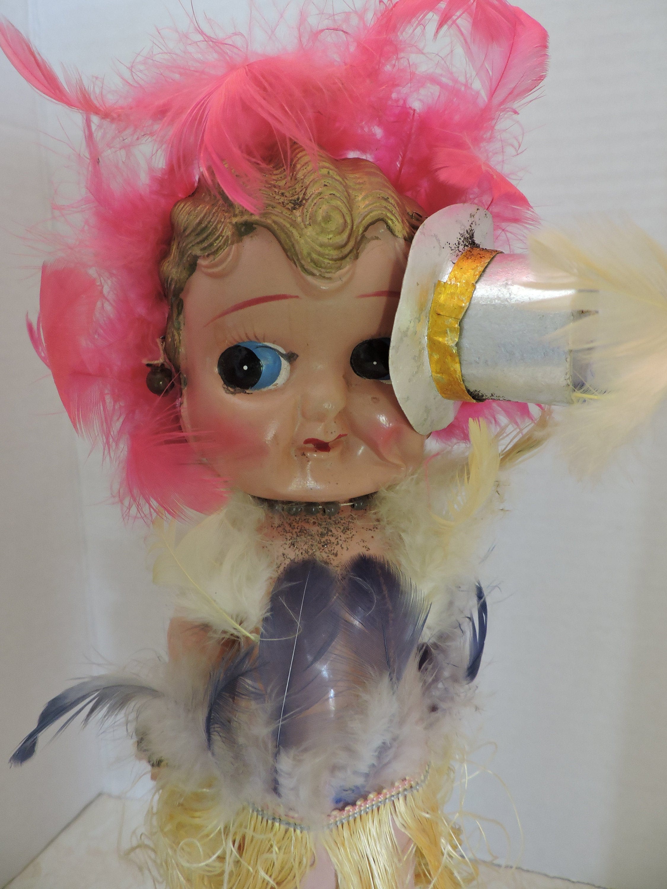 Kewpie Carnival Doll Vintage Celluloid Jointed Pink and White Feathers  Wears Hula Skirt Promotion Collectible Dolls as is Condition 
