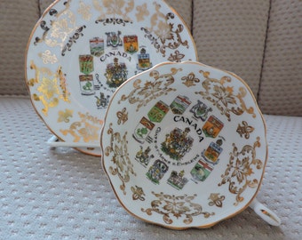 Paragon Canada Coats of Arms and Emblems Cup & Saucer Made in England Gold Trim Bone China Queen's Collectible Tea Cup Matching Saucer