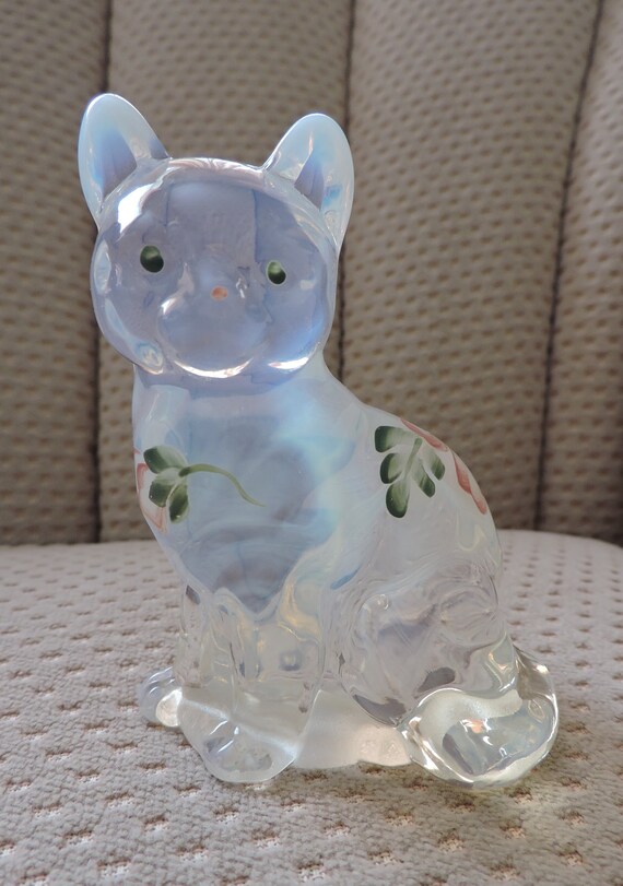 vintage fenton blue opalescent glass cat hand painted fenton glass cat
