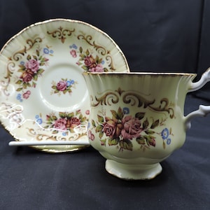 Paragon Tapestry Antique Series Cup & Saucer Roses and Blue Forget Me Nots Floral Bone China Gold Trim Scroll Work England Made Tea Cup