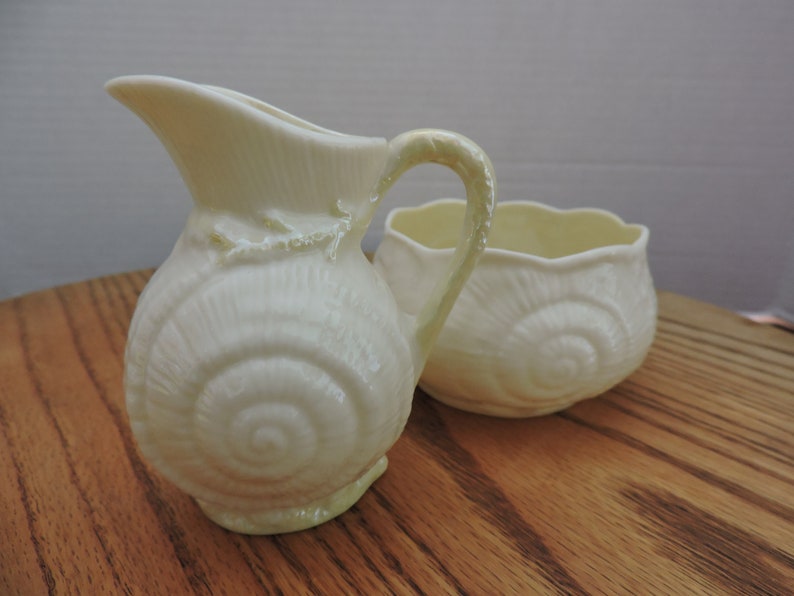 Belleek Toy Shell Design Open Cream & Sugar Set Pattern Ireland Vintage Irish Collectible Porcelain 2nd Green Mark Coffee Tea Service image 3