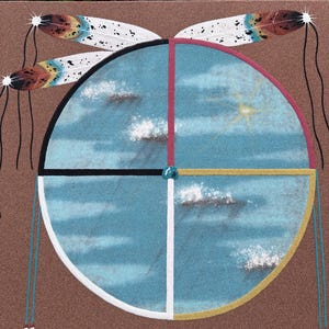 May include: A sand painting featuring a central circular design divided into four sections with blue sky and cloud imagery. The circle is framed by black, white, red, and yellow lines. Decorative feathers with brown, white, and blue accents are attached to the top.