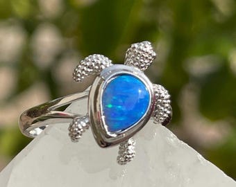 Blue Opal Sea Turtle Sterling Silver Ring