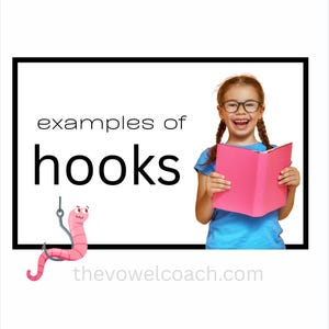 May include: A graphic with the words "examples of hooks" in large black letters. A cartoon worm is on a fishing hook. A girl in glasses holds a pink book. The website address thevowelcoach.com is at the bottom.