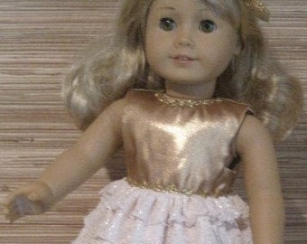 18" Special Occasion Outfit: Gold Foiled Satin Bodice with Gold & Blush Ruffled Skirt