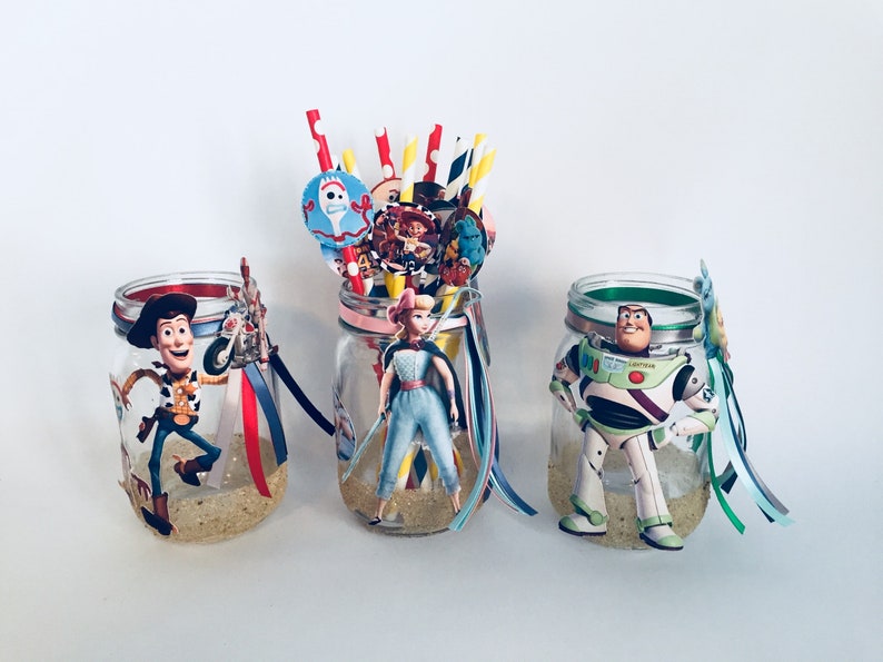 Toy Story 4 Decorated Mason Jars for birthday party Woody Bo Etsy