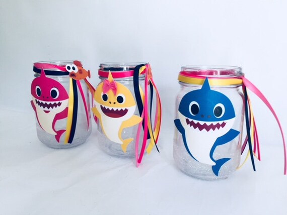 Baby Shark 3 Decorated Mason Jar Set Baby Shark Birthday Etsy