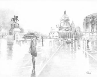 Copy of the drawing Saint Petersburg in the rain at dusk on paper drawing 200gr