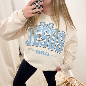Jesus Saves Crewneck Sweatshirt | Blue Jesus Saves Sweatshirt | Blue Jesus Saves Bow Sweatshirt | Christian Sweatshirt | Chrisitan Crewneck