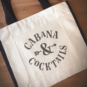 Tote Bag - Cabana and Cocktails, 14.5&quot;X12.25&quot;X4.5&quot;, Reusable Shopping Bag, Farmers Market Bag, Book bag, Canvas Bag, Beach Bag, Beach Tote