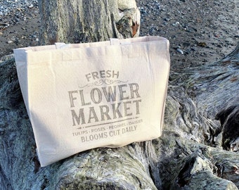 Reusable Shopping Bag - Flower Market 15.5"X12.5"X3" Grocery Bag, Farmers Market Bag, Tote Bag, Heavy Canvas Bag, Shopping Tote, Vintage Bag