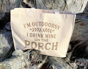 Reusable Shopping Bag - Outdoorsy 15.5"X12.5"X3", Grocery Bag, Farmer's Market Bag, Reusable Bag, Canvas Tote Bag, Book Bag, Shopping Tote
