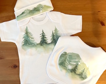 Baby Gift Set - Watercolor Trees, Baby Shower Gift, Baby Gift, Bodysuit, Gift Set, Newborn, Infant, New Baby, Neutral Baby, PNW, Hat, Bib