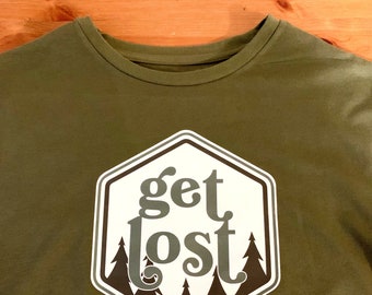 Men's Green Graphic Tee, Get Lost, Graphic Tee Shirt, Men's T-shirt, Olive, PNW, Men's Tee, Cool Graphic Tee, Father's Day, Gifts For Him