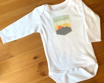 LS Baby Bodysuit - Upper Left, Bodysuit, Baby Gift, Newborn Gift, Baby Shower, New Baby, PNW, Pacific Northwest, Retro Graphic, Mountains
