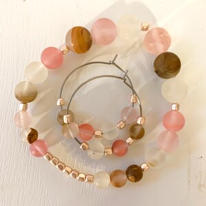Beaded Jewelry Set, Beaded Bracelet, Bead Earrings, Bohemian Jewelry, Hypoallergenic Earrings, Pink, White, Agate, Quartz, Hematite,