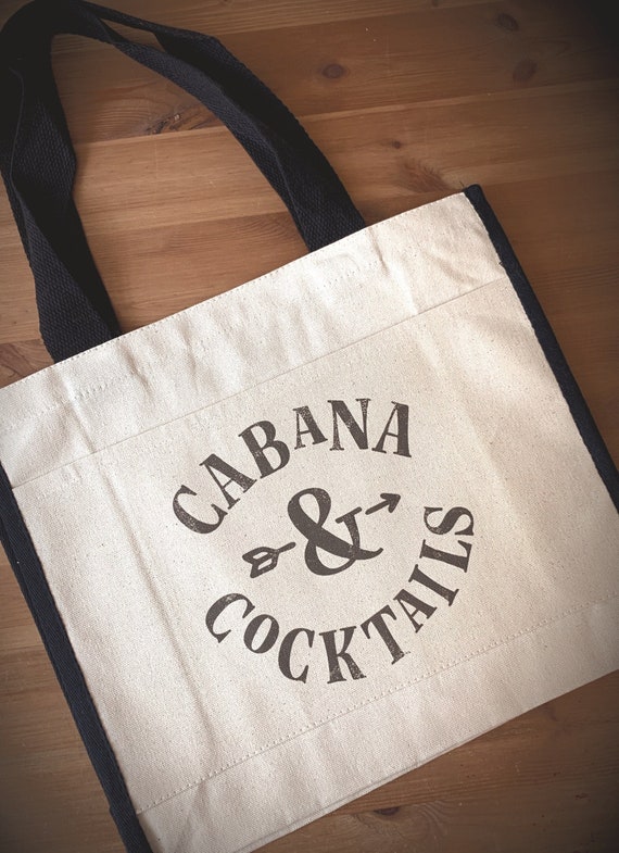 Reusable Shopping Bag Canvas Bag Beach Bag 14.5X12.25X4.5 Beach Tote Book bag Tote Bag Cabana and Cocktails Farmers Market Bag